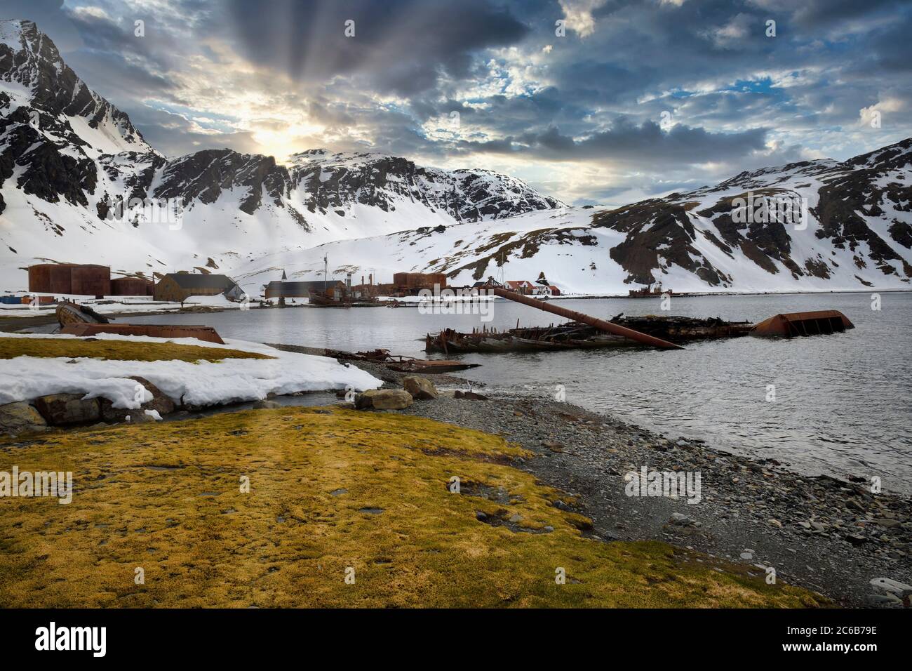 Ex stazione di caccia alle balene Grytviken, King Edward Cove, Georgia del Sud, Georgia del Sud e Isole Sandwich, Antartide, regioni polari Foto Stock