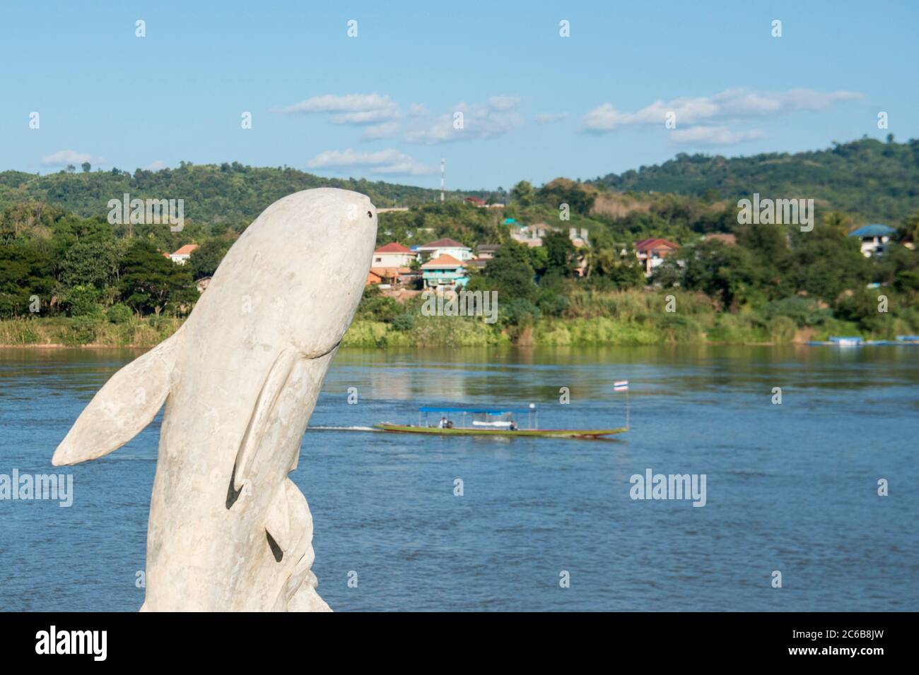 Un monumento di una Catfish gigante Mekong nella città di Chiang Khong nella provincia di Chiang Rai in Thailandia. Thailandia, Chiang Khong, novembre 2019 Foto Stock