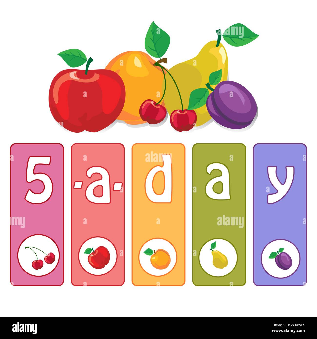 Concetto di "posterconcept" di frutta di cinque giorni per incoraggiare un'alimentazione sana. Illustrazione Vettoriale