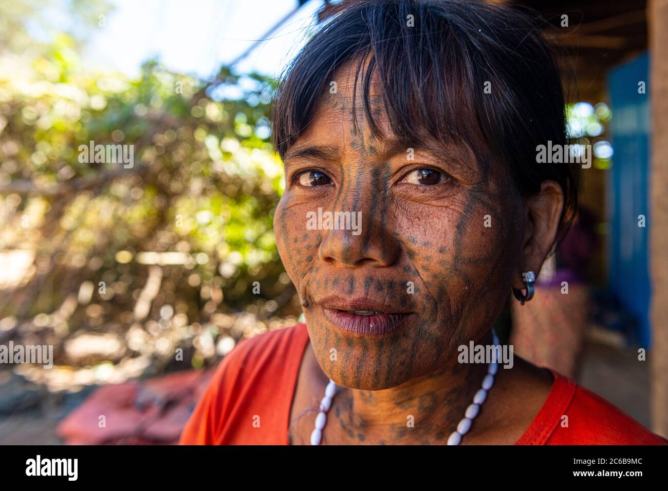 Donna di mento con tatuaggio spiderweb, Mindat, Chin stato, Myanmar (Birmania), Asia Foto Stock