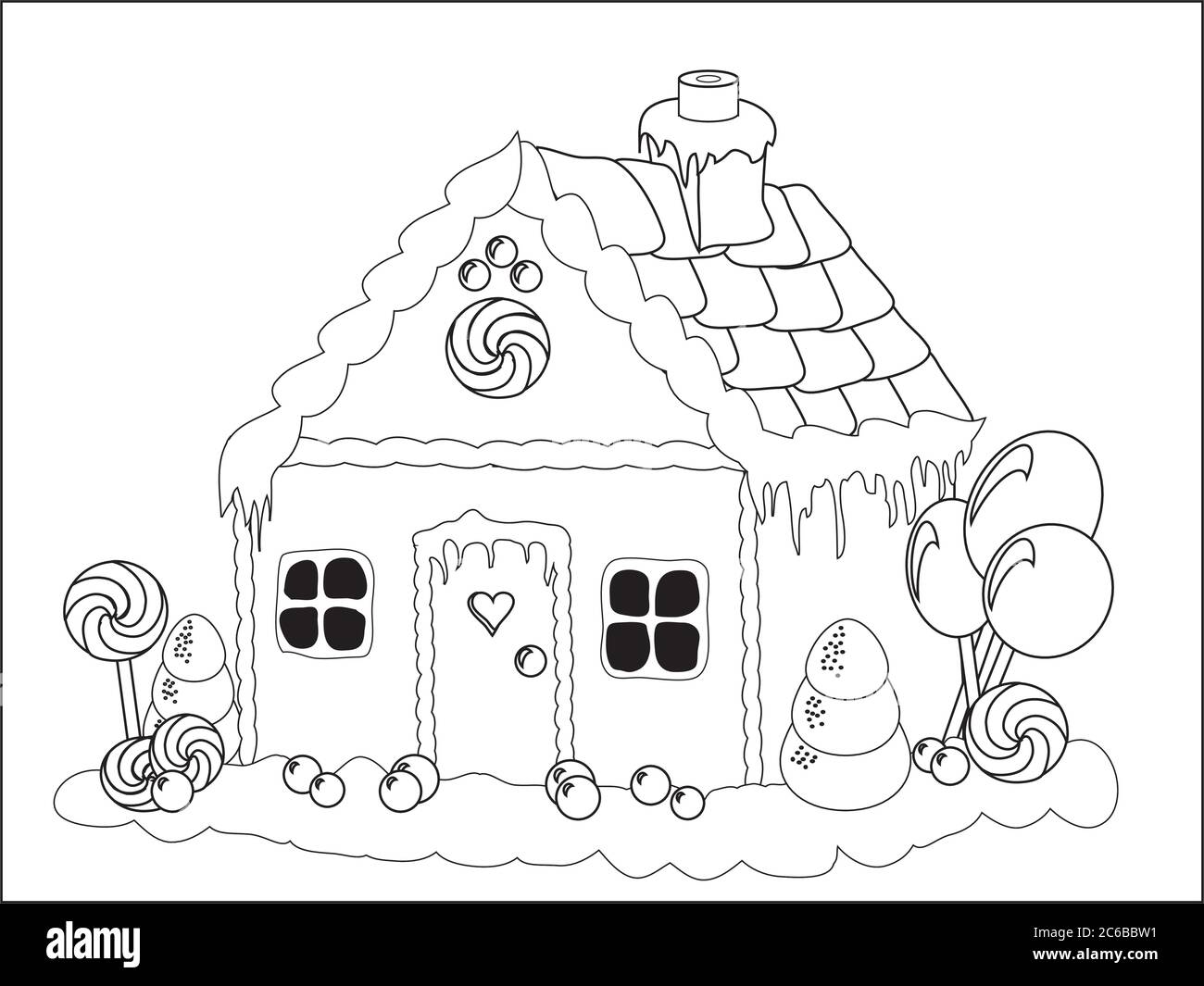 Pagina da colorare con casa di pan di zenzero, caramelle di Natale e albero di pan di zenzero di Capodanno, vettoriale, illustrazione in stile cartoon, arte di linea bianca e nera Immagine