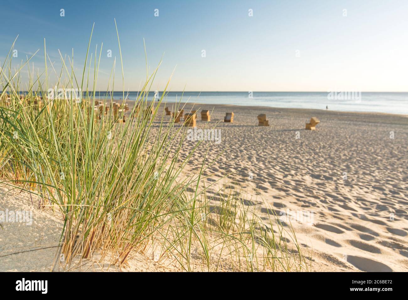 Closeup di erba da spiaggia con sedie da spiaggia e oceano sullo sfondo dell'isola di Sylt, Germania Foto Stock