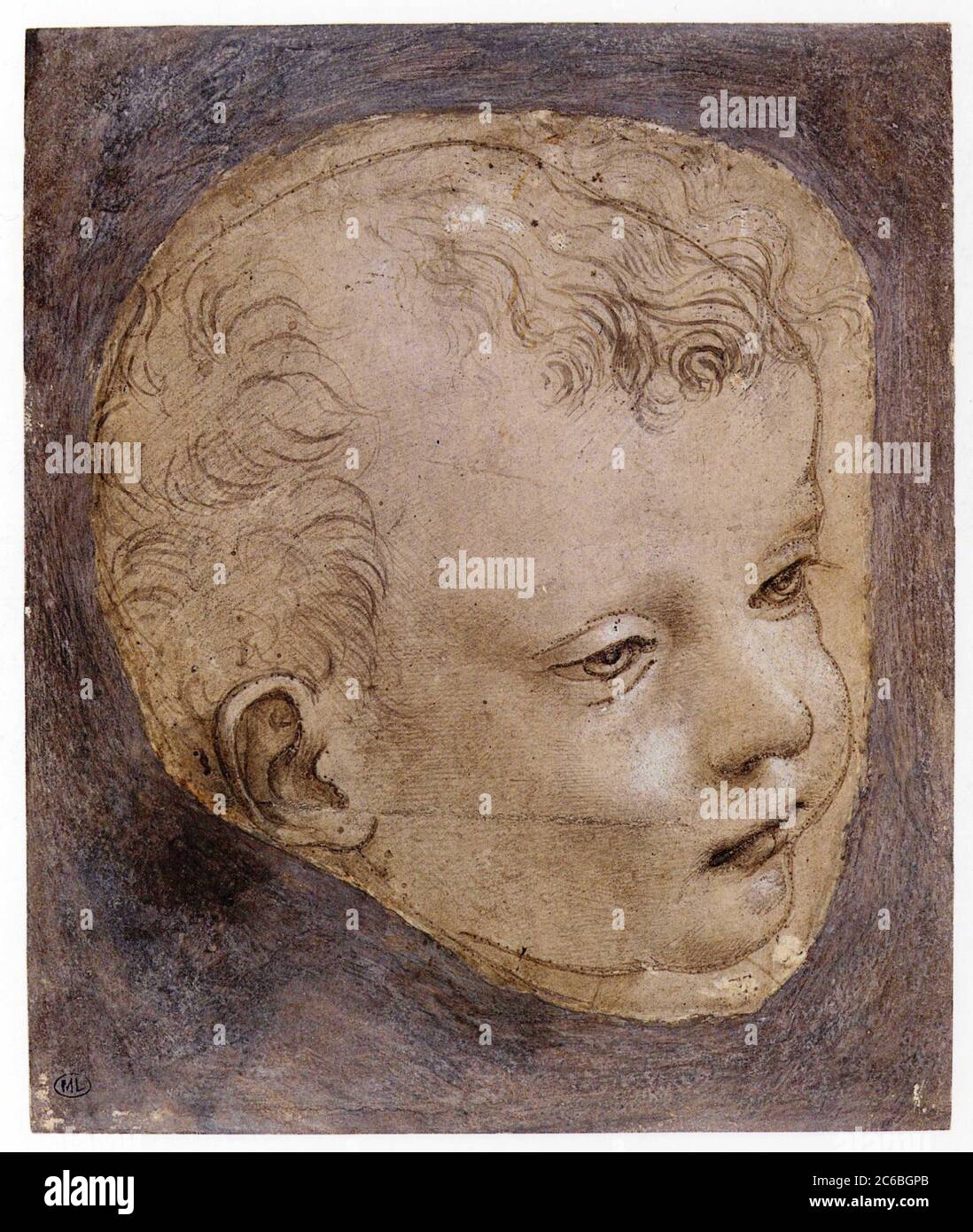 LEONARDO DA VINCI. CAPO DEL BAMBINO A TRE QUARTI DI DIRITTO Foto Stock