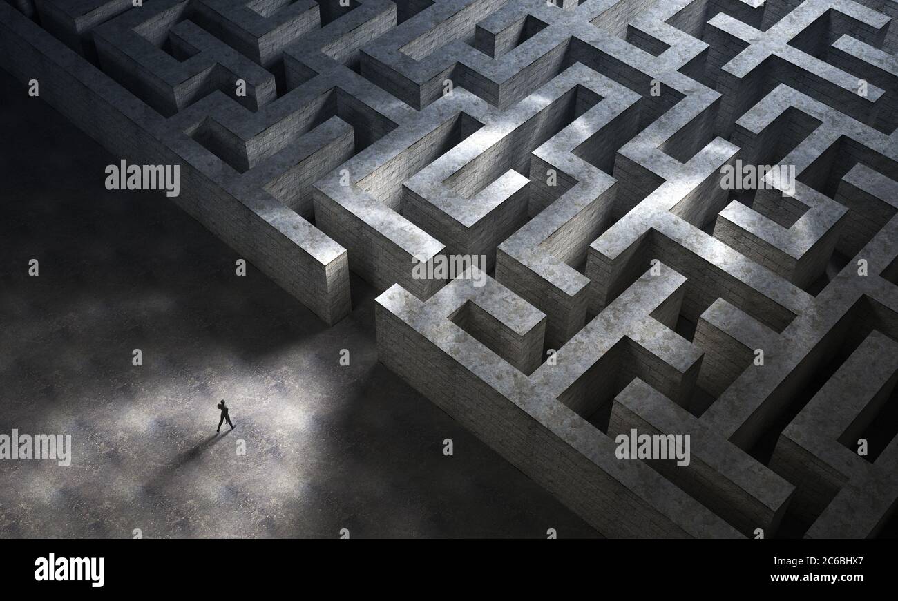 L'uomo entra in un enorme e misterioso labirinto. Rendering 3D Foto Stock