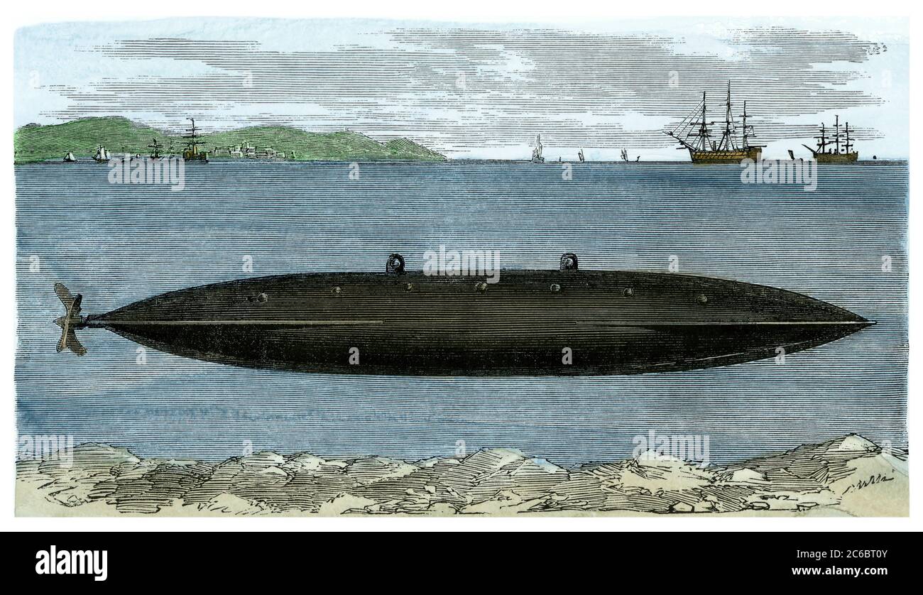 Sottomarino inventato da Lodner Phillips, 1860. Taglio in legno colorato a mano Foto Stock