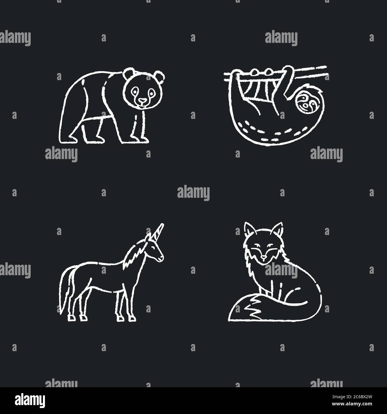 Animali comuni e fantasy gesso icone bianche set su sfondo nero. Panda orso, sloth, volpe e unicorno magico. Abitanti dello zoo tropicale, selvaggi esotici Illustrazione Vettoriale Animali comuni e fantasy gesso icone bianche set su sfondo nero. Panda orso, sloth, volpe e unicorno magico. Abitanti dello zoo tropicale, selvaggi esotici Illustrazione Vettoriale