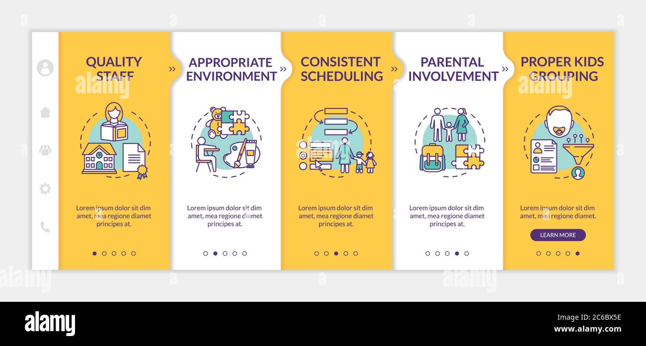 Modelli vettoriali per onboarding dei componenti dell'efficacia dell'asilo. Educazione della prima infanzia. Sito Web mobile reattivo con icone. Procedura dettagliata della pagina Web Illustrazione Vettoriale