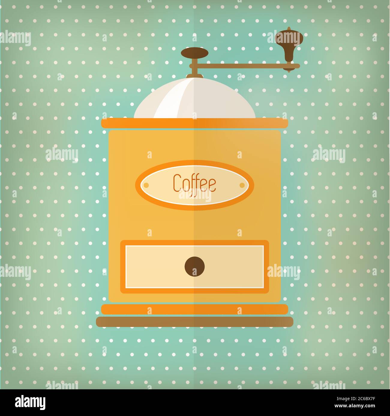 Macinacaffè stile retro, con cassetto ed etichetta, su sfondo a pois di polka turchese sbiadito. Formato vettoriale EPS10 Illustrazione Vettoriale