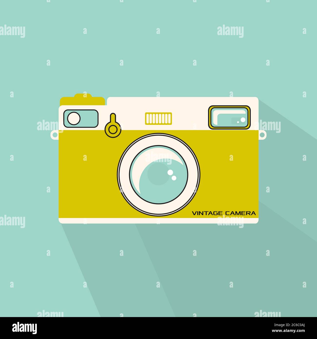 Immagine della fotocamera in stile piatto retrò in colori vintage. Formato vettoriale EPS10. Illustrazione Vettoriale