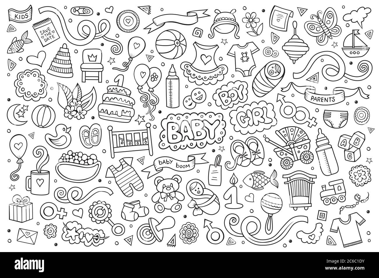 Vettore di schizzo Cartoon di Doodle disegnato a mano insieme di oggetti e simboli sul tema del bambino Illustrazione Vettoriale