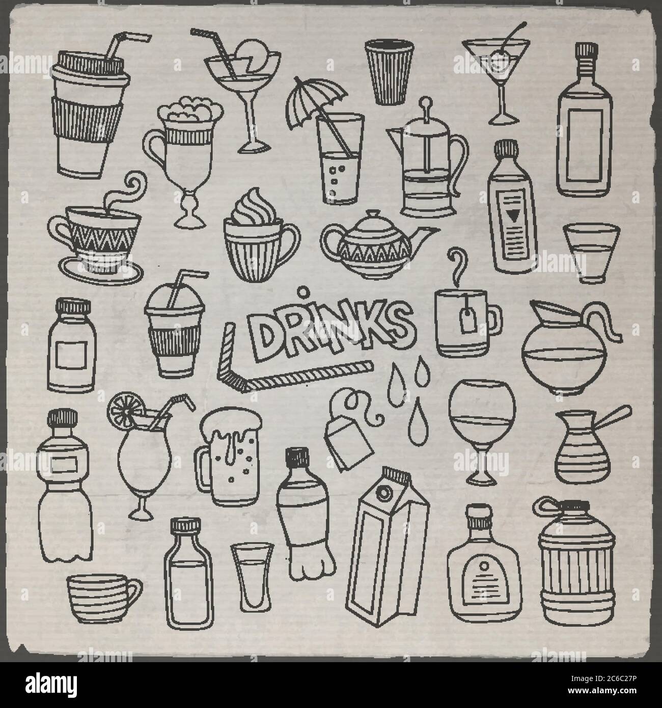 Set vettoriale di diverse bevande disegnate a mano Illustrazione Vettoriale