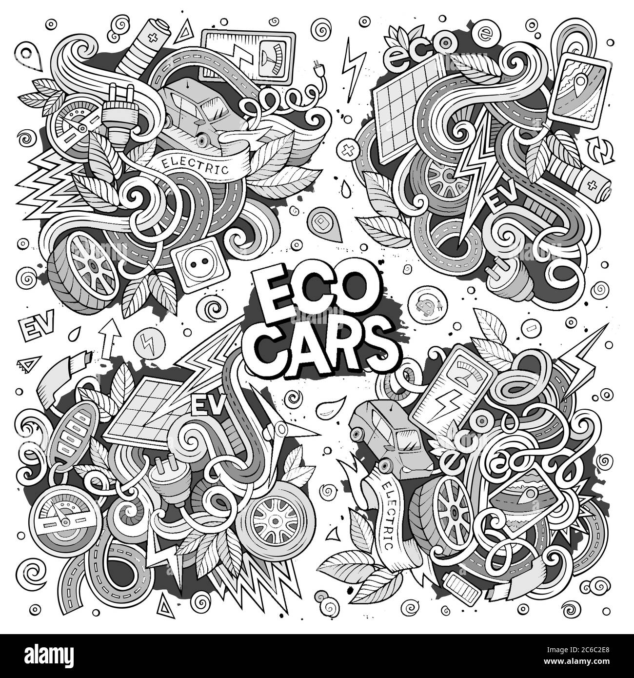 Line art vettore doodle cartoon set di oggetti auto elettriche Illustrazione Vettoriale