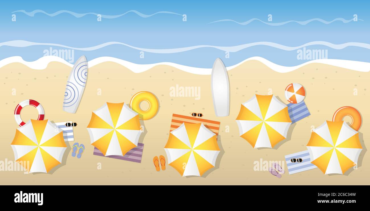 Tourist spiaggia con ombrelloni occhiali da sole e tavole da surf illustrazione vettoriale EPS10 Illustrazione Vettoriale