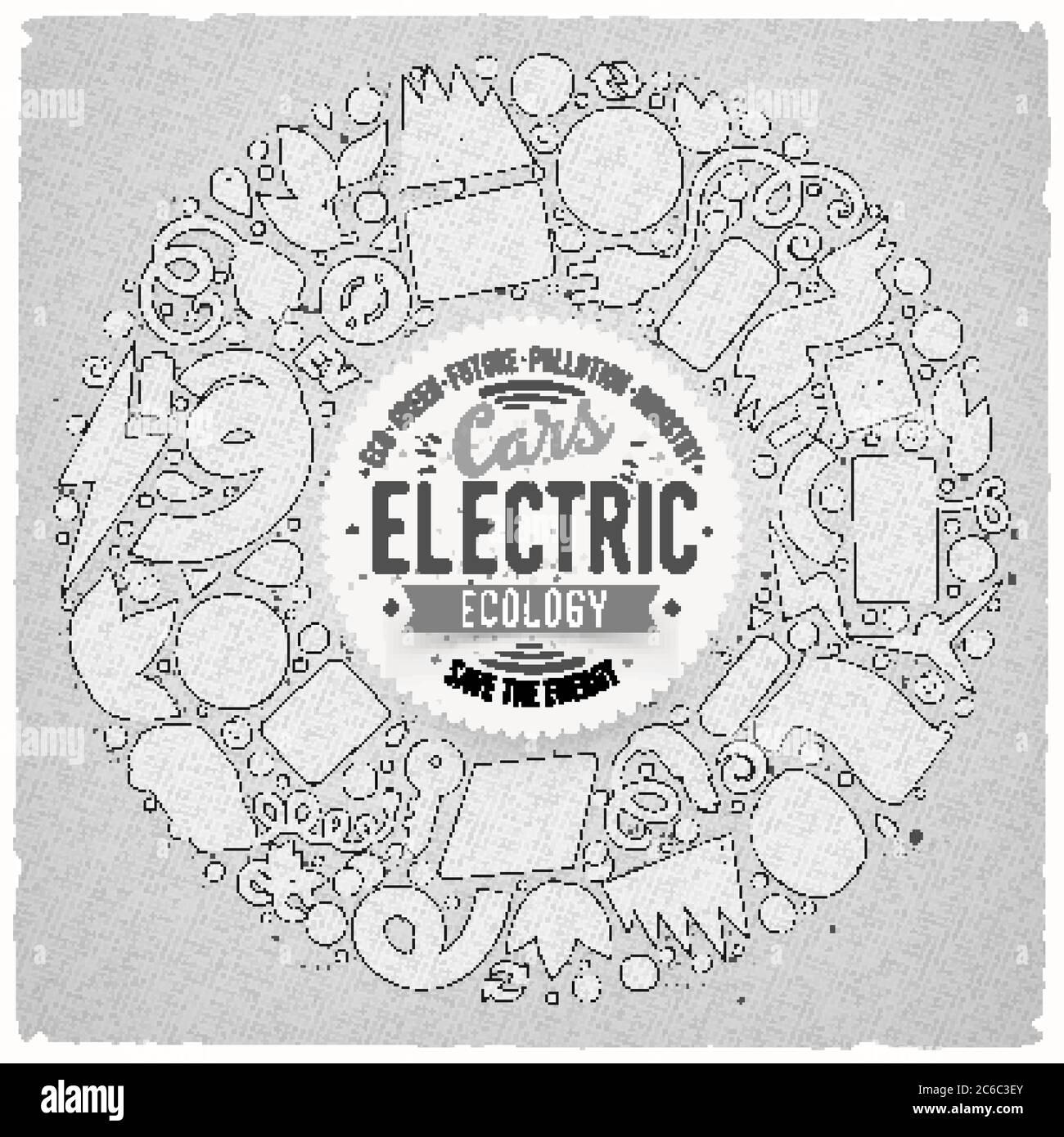 Vettore disegnata a mano insieme di oggetti di doodle cartoni animati di automobili elettriche Illustrazione Vettoriale