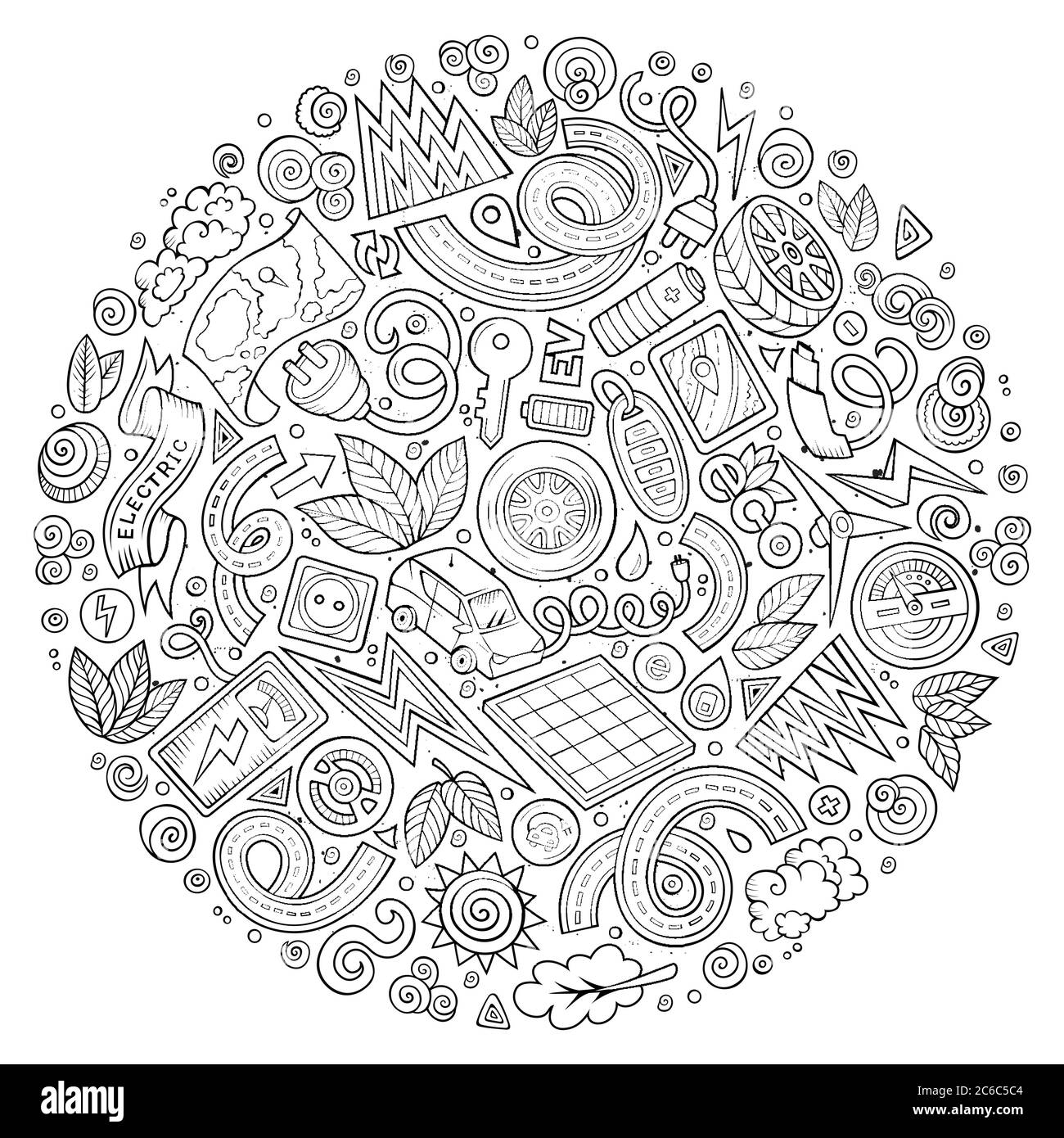 Insieme vettoriale di oggetti doodle cartoni animati auto elettriche Illustrazione Vettoriale