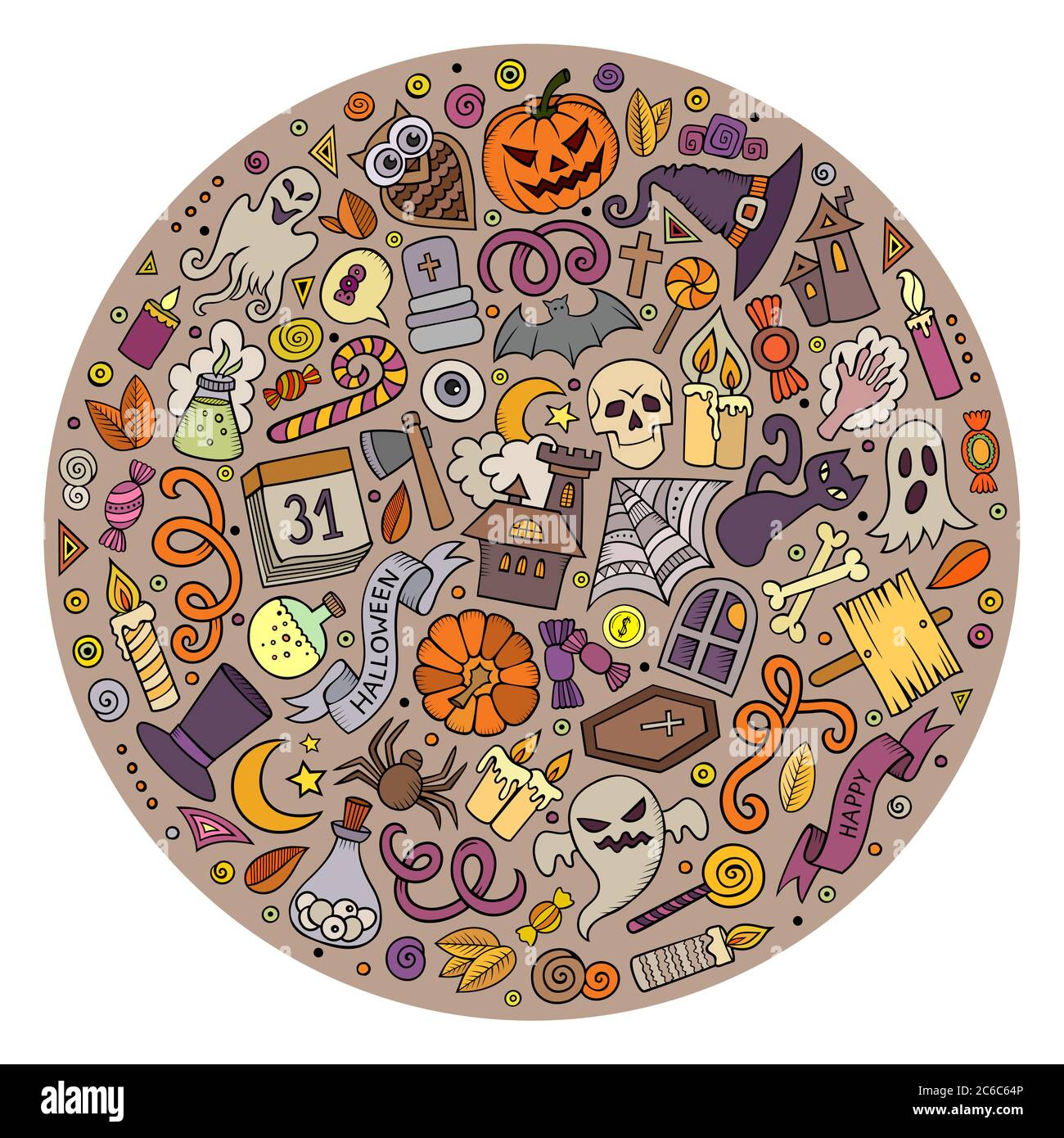 Insieme di oggetti cartoni animati, simboli ed elementi di Halloween Illustrazione Vettoriale