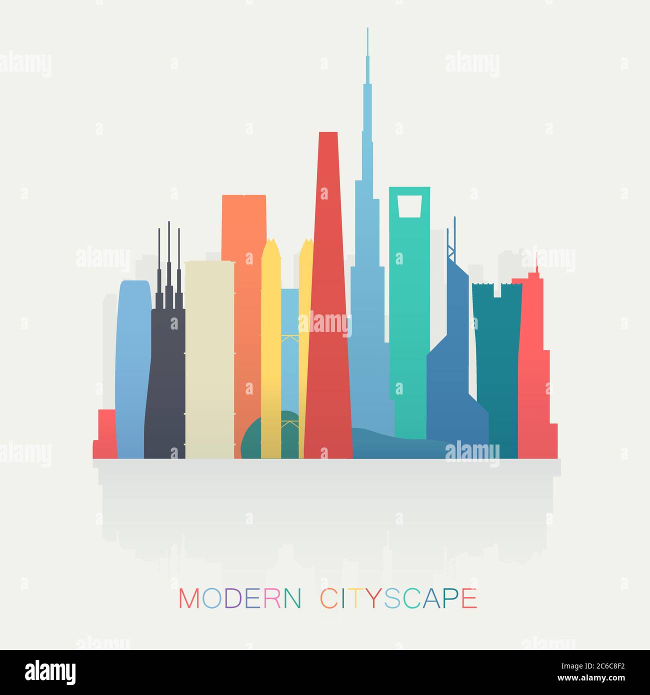 moderno skyline di colori diversi isolato. Silhouette cittadina. Illustrazione Vettoriale