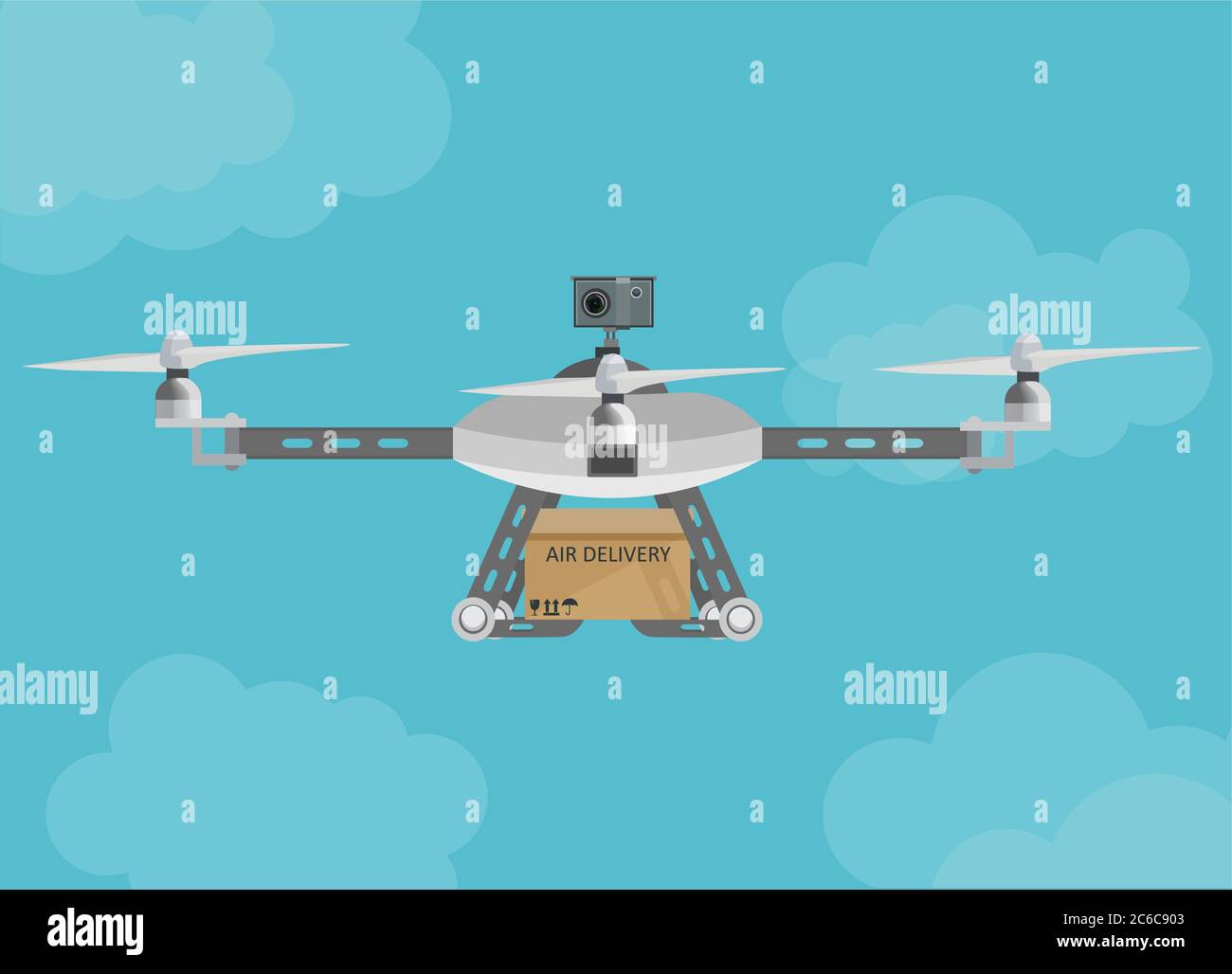 Consegna droni aria drone remoto con una scatola che vola nel cielo Illustrazione Vettoriale