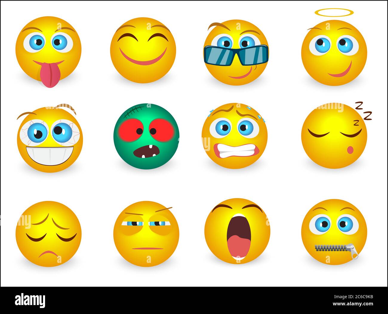 Insieme di emoticon Emoji icone facciali isolate. Illustrazione vettoriale. Illustrazione Vettoriale