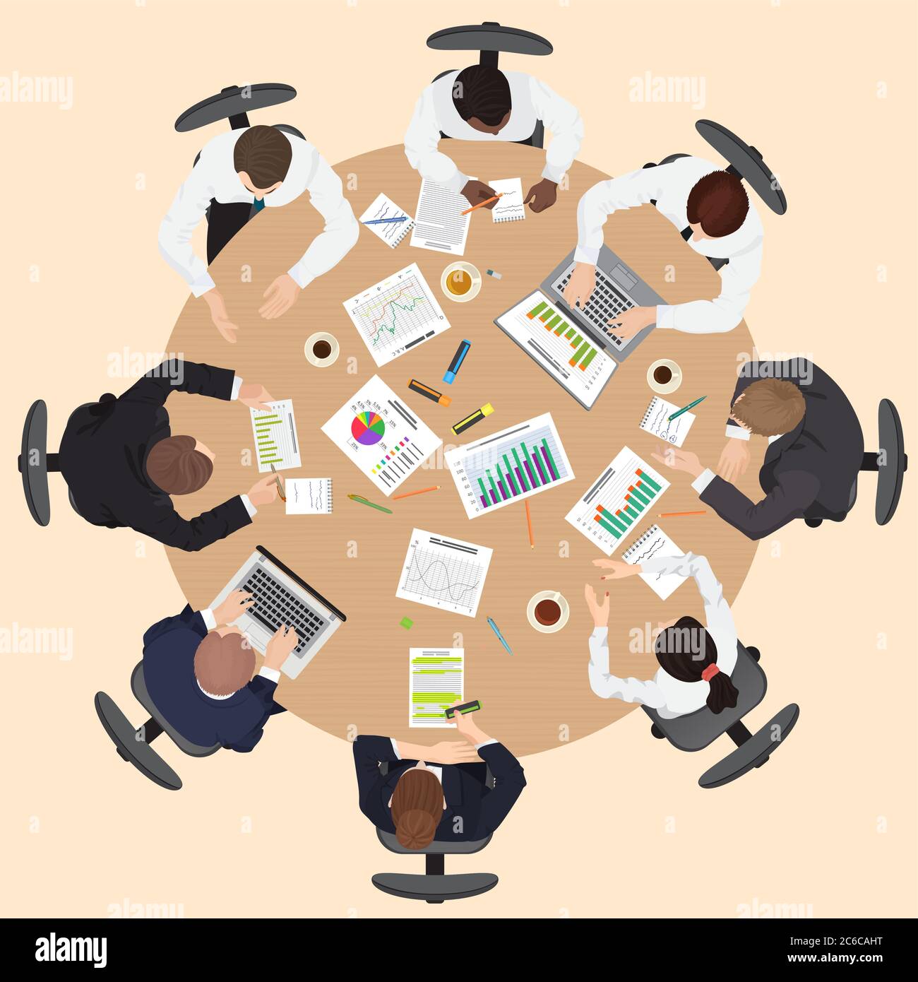 Corporate Business management teamwork meeting e concetto di brainstorming con persone sul tavolo rotondo in alto punto di vista Illustrazione Vettoriale
