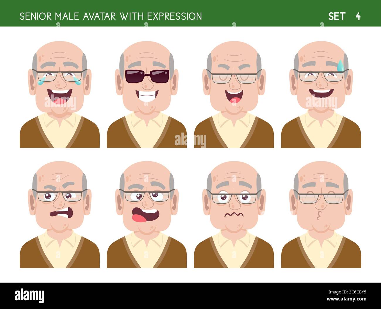 Insieme di emozioni del nonno facciale. Personaggio maschile senior stile cartoon con espressioni diverse. Illustrazione vettoriale. Illustrazione Vettoriale