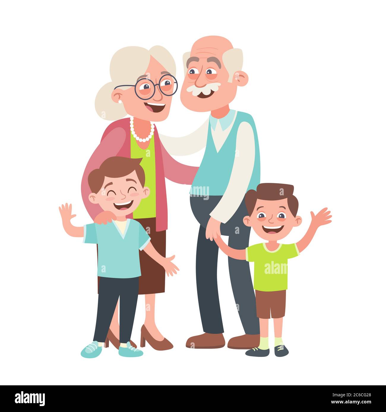 Ritratto di nonni e due nipoti. Buon concetto di giorno dei nonni. Illustrazione vettoriale in stile cartoon, isolata su sfondo bianco. Illustrazione Vettoriale