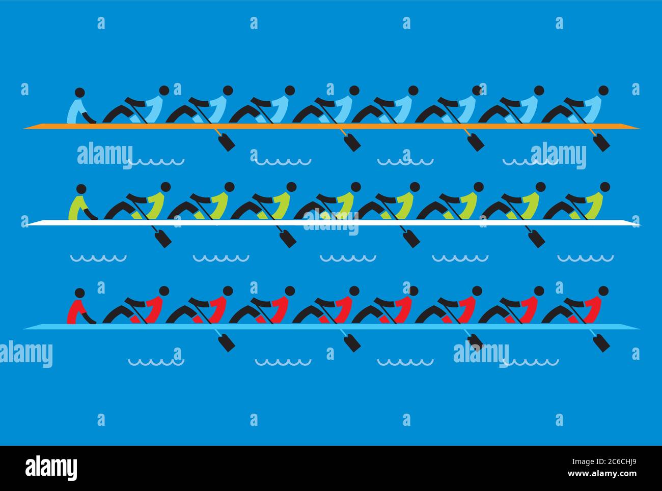 Canottaggio, corride. Illustrazione stilizzata di tre barche, vogatori concorrenti su sfondo blu.Vector disponibile. Illustrazione Vettoriale