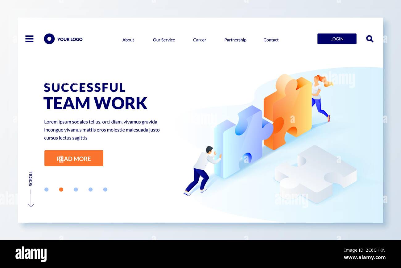 Collaborazione e cooperazione per raggiungere gli obiettivi aziendali. Lavoro di squadra di successo, concetto di strategia di partnership. Personaggi uomini e donne con grande puzzle Illustrazione Vettoriale