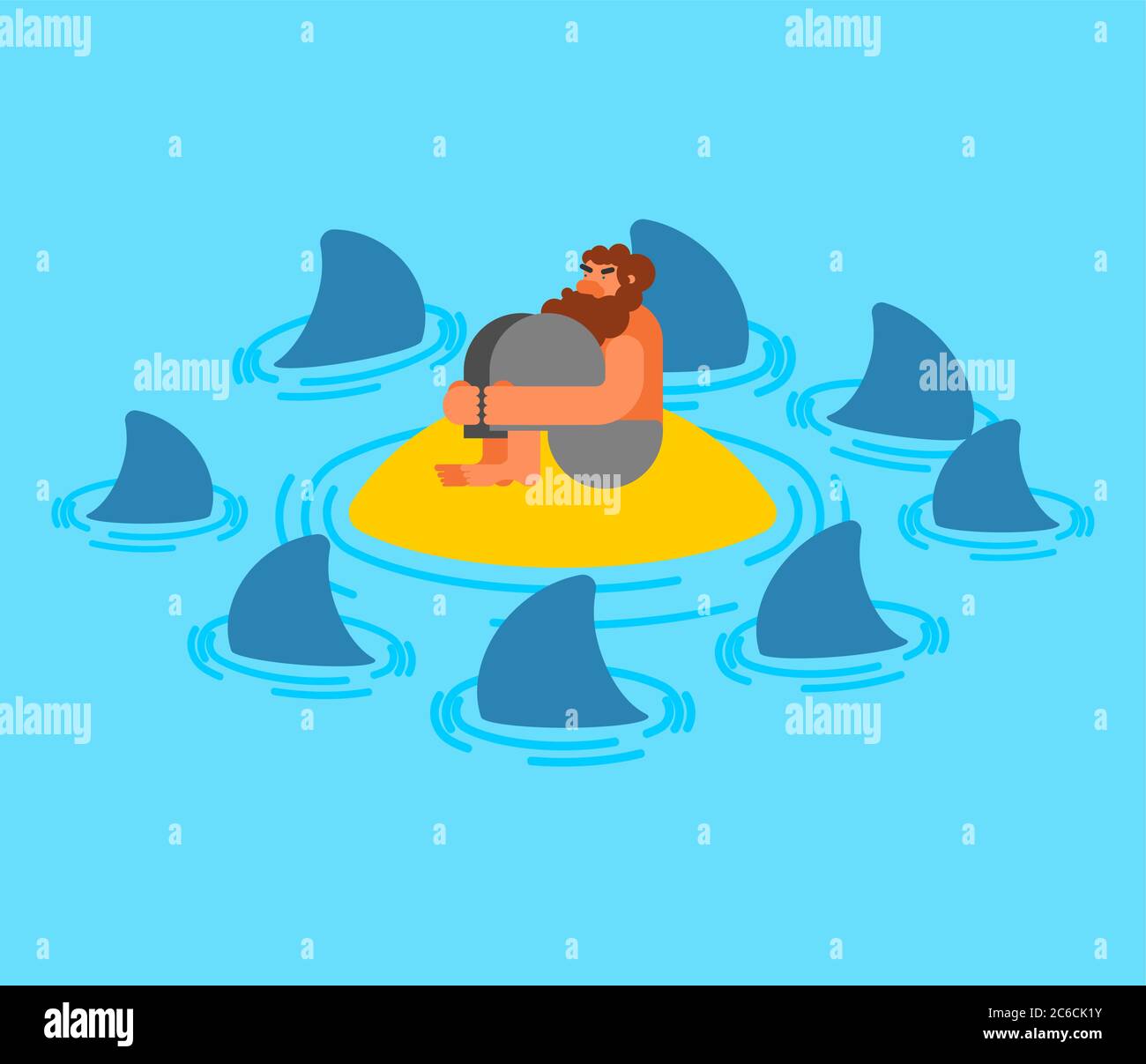 Uomo su isola deserta e squali. Illustrazione vettoriale Illustrazione Vettoriale