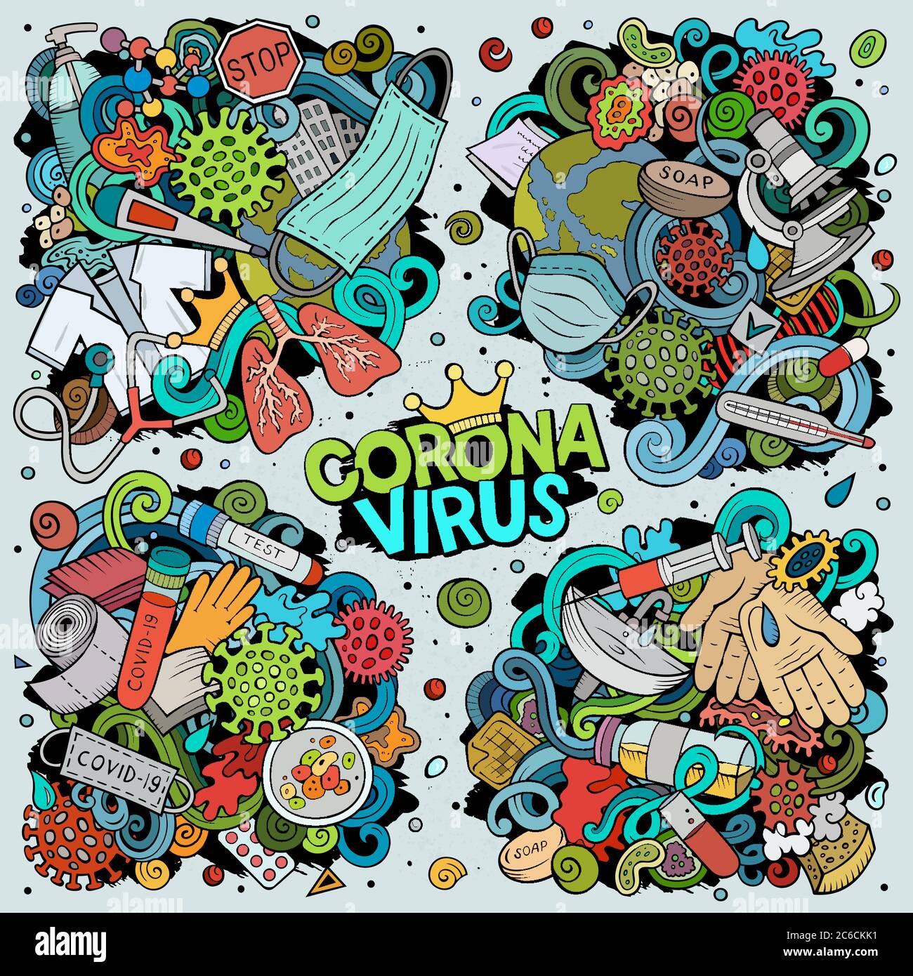 Vettoriale doodles cartoon set di oggetti ed elementi Coronavirus Illustrazione Vettoriale