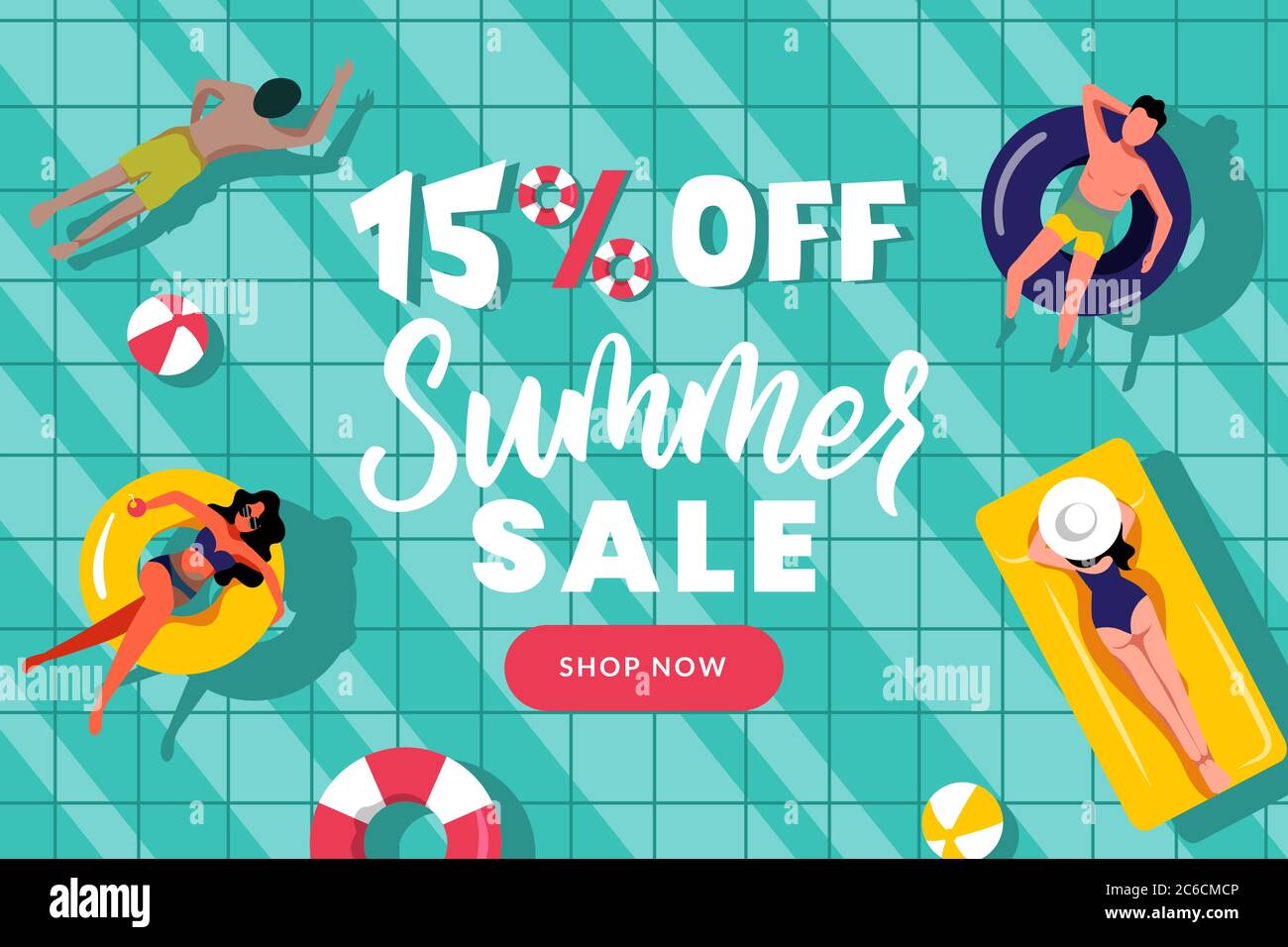 Modello di banner di vendita estiva. La gente nuotare in piscina, vista dall'alto vettore piatto cartoni animati illustrazione. Poster sconto stagione. Calligo disegnato a mano Illustrazione Vettoriale