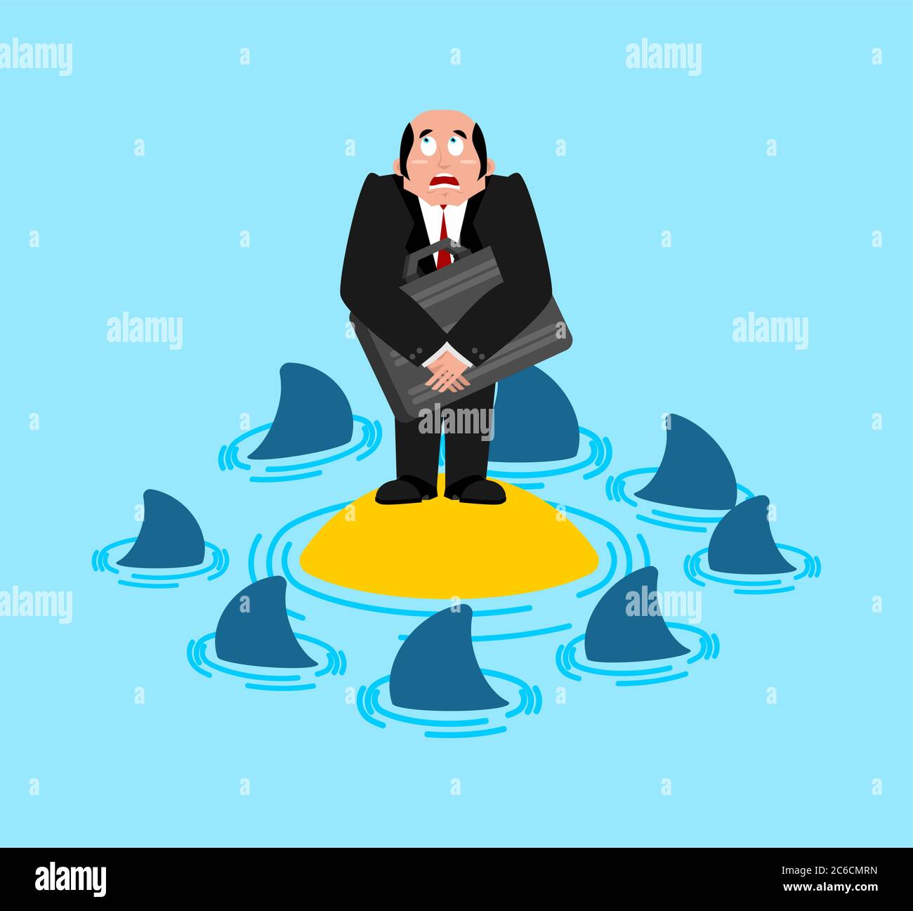 Uomo d'affari su isola deserta e squali. Illustrazione vettoriale Illustrazione Vettoriale