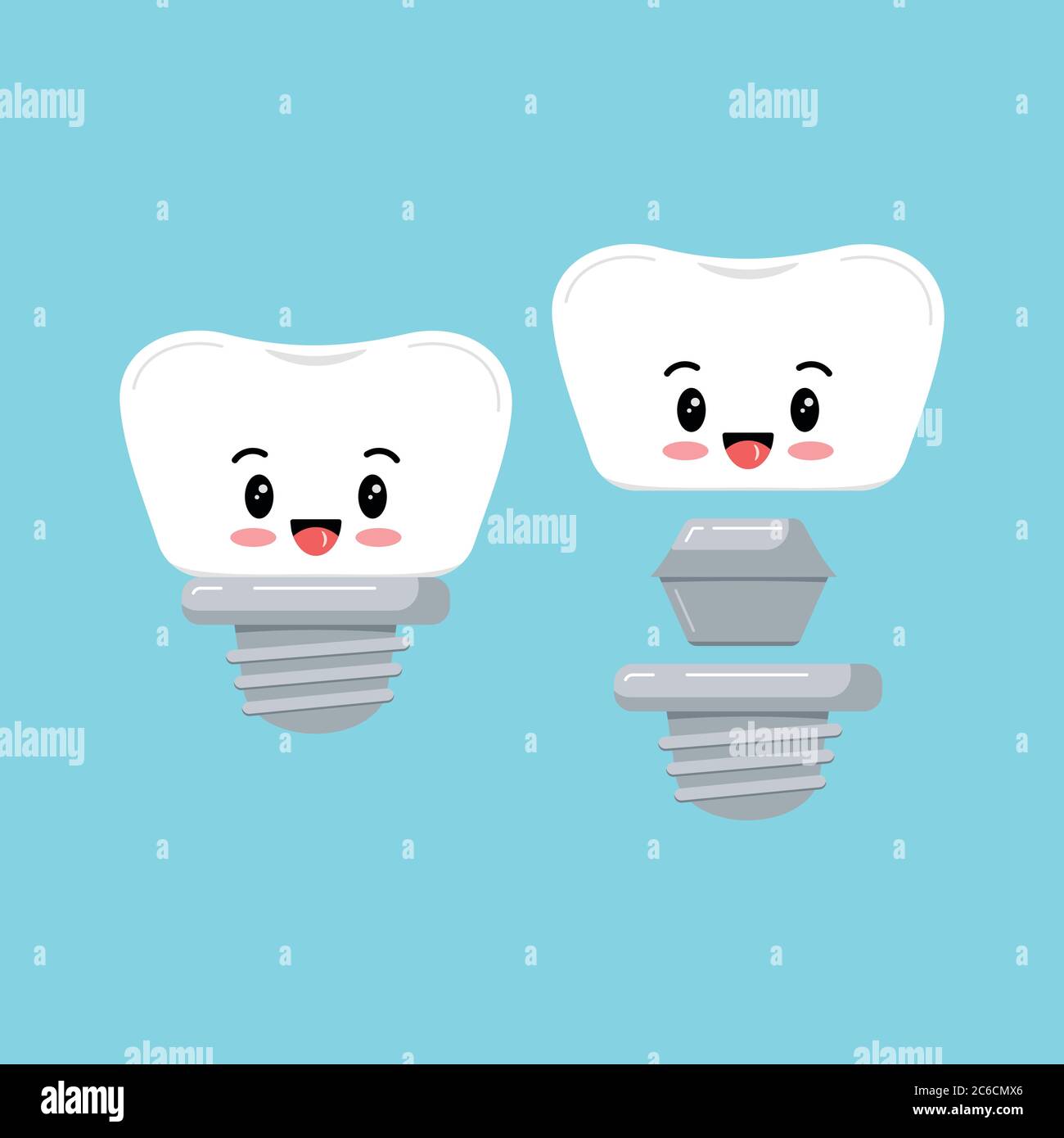 Cute impianto dentale dente emoji icona set isolato su sfondo blu. Illustrazione Vettoriale