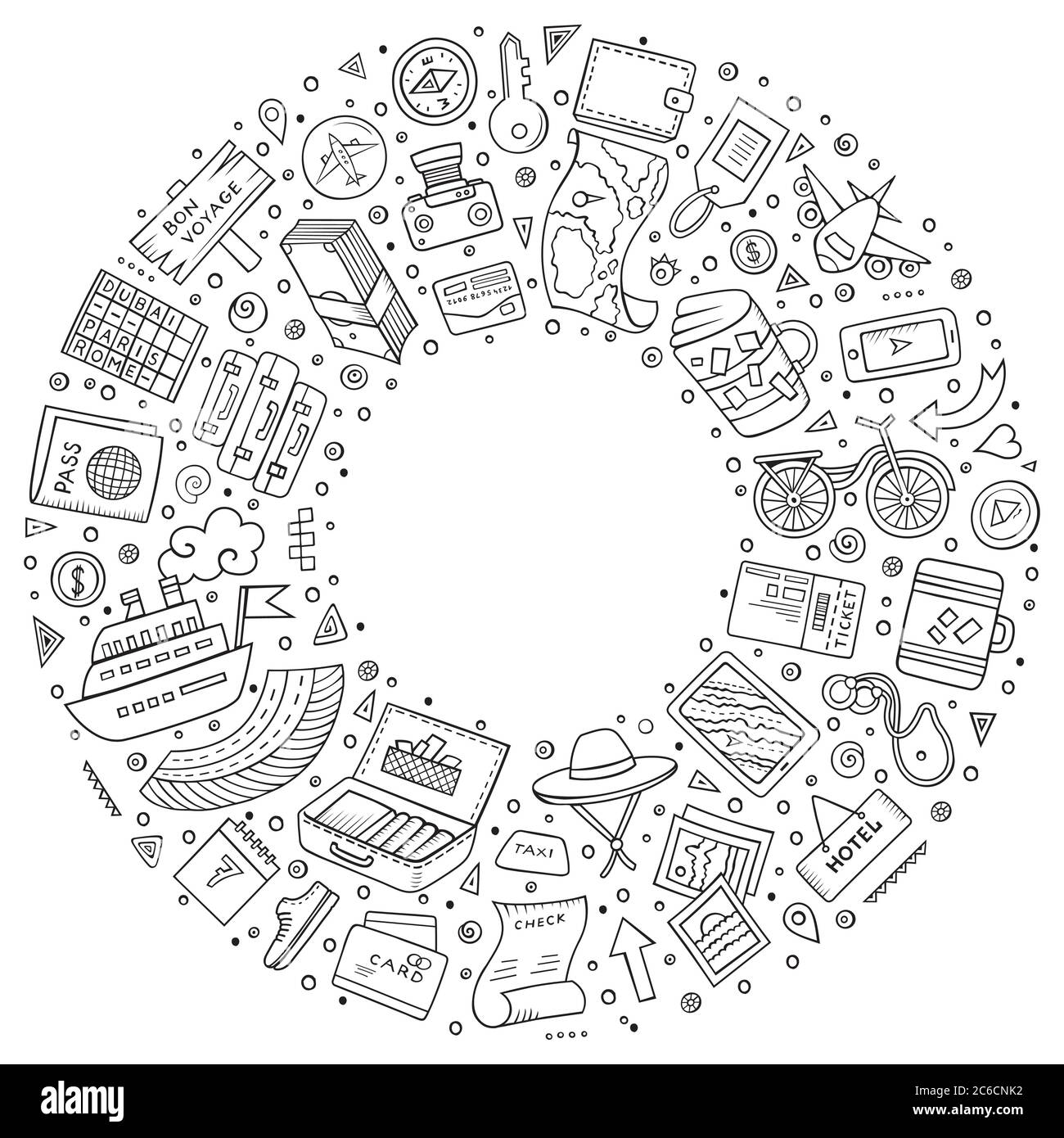 Cornice rotonda oggetti cartoni animati, simboli ed elementi Illustrazione Vettoriale