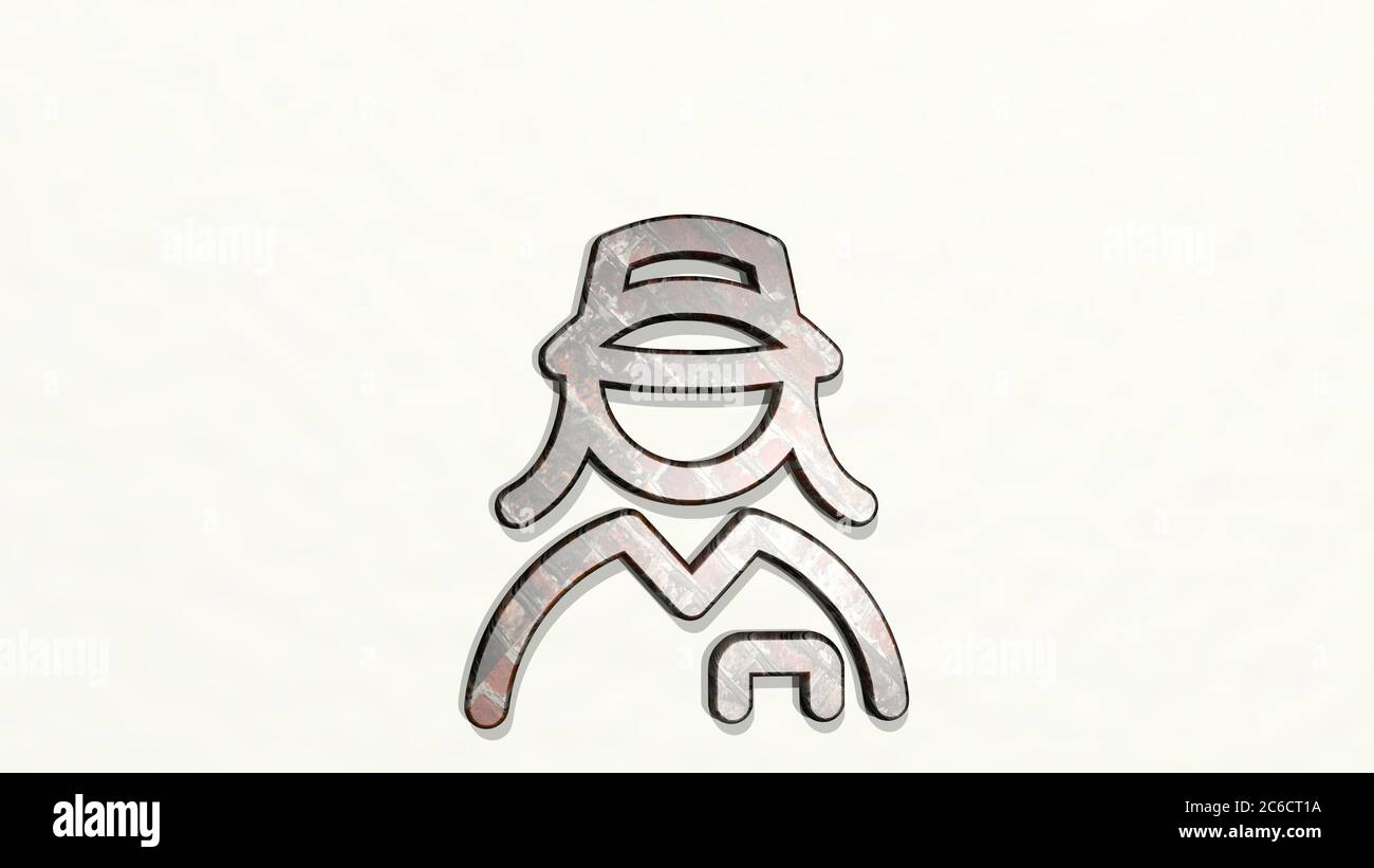 PROFESSIONI DONNA IMPIEGATO fatto da illustrazione 3D di una scultura metallica lucida su una parete con sfondo chiaro. Icona e set Foto Stock