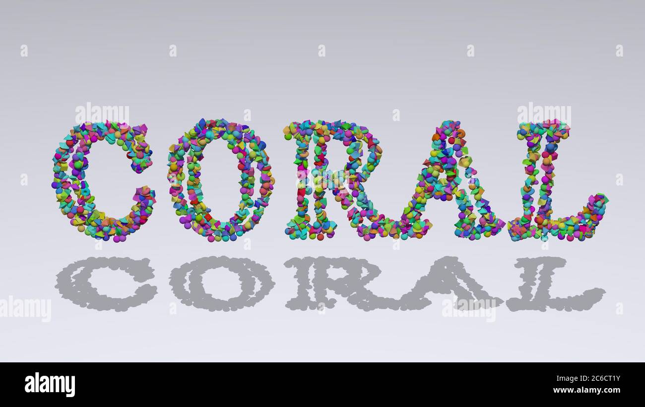 Coral: Illustrazione 3D del testo fatto di piccoli oggetti su uno sfondo bianco con ombre. Blu e colore Foto Stock