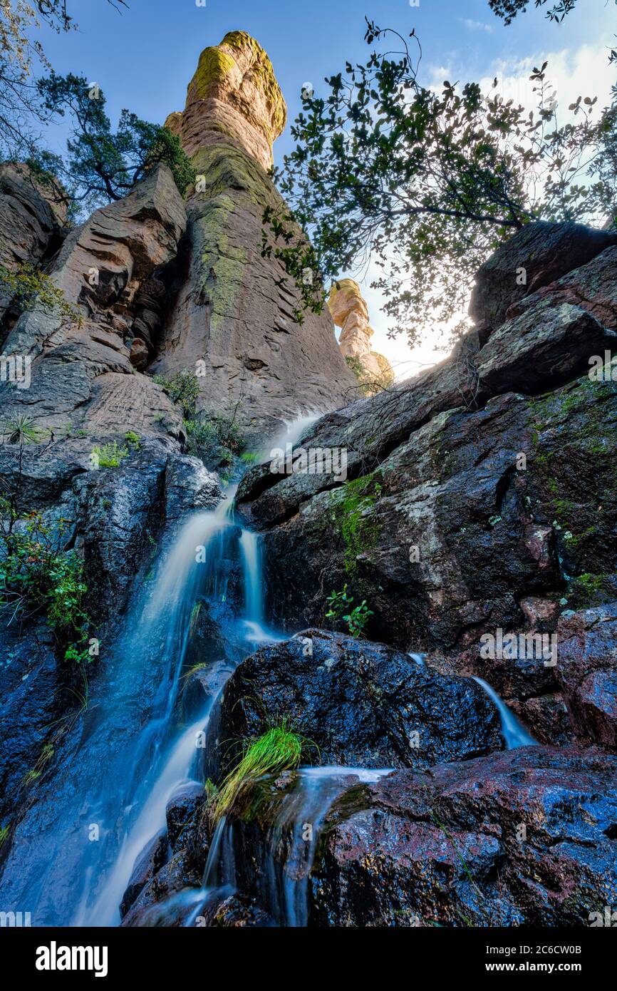 Piogge monsoniche crearono una cascata effimera in Echo Canyon. Monumento nazionale Chiricahua. Foto Stock