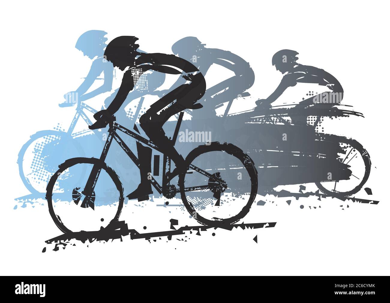 Mountain bike, competizione, viaggio. Grunge espressivo stilizzato illustrazione di quattro ciclisti su mountain bike. Vettore disponibile. Illustrazione Vettoriale