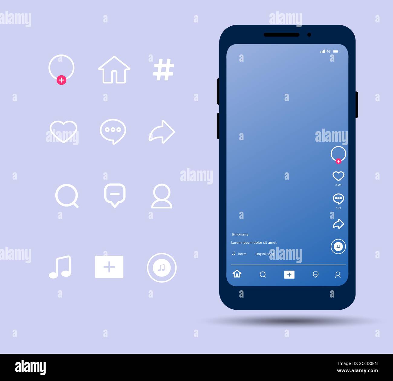 Concetto di interfaccia utente dei social media. Layout dei pulsanti Web. Pagina applicazione mockup, ui, app. Modelli di schermata. Illustrazione vettoriale moderna. Illustrazione Vettoriale