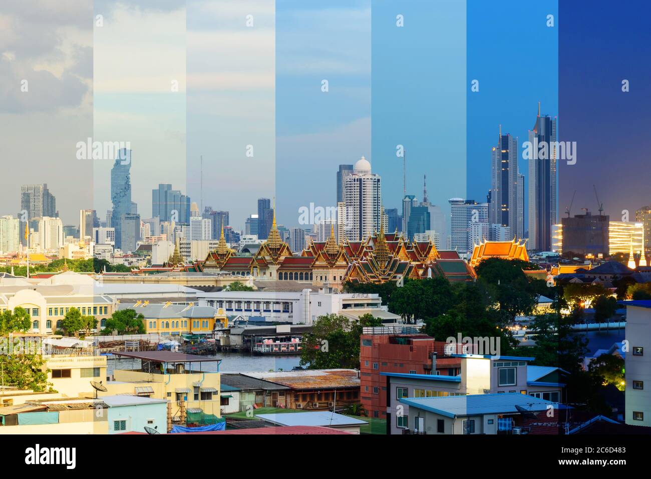 Colori diversi dell'ombra dell'alto panorama del grande palazzo della Thailandia con un alto edificio dietro nella stessa cornice Foto Stock