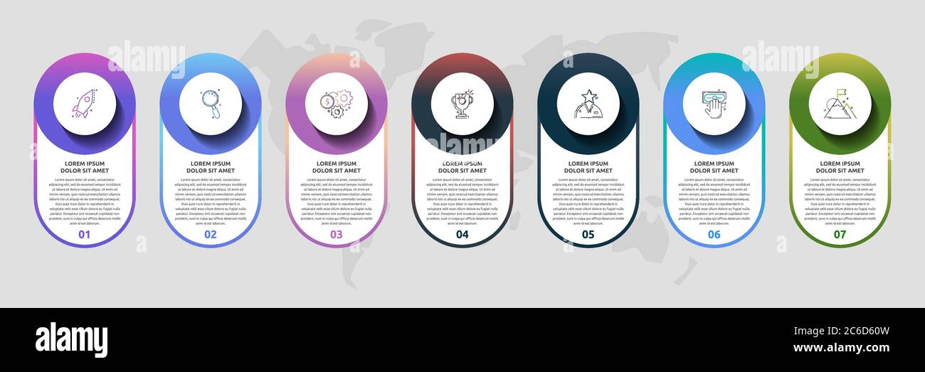 Infografica del cerchio del modello vettoriale. Concetto aziendale con 7 opzioni e ricambi. Sette fasi per contenuto, diagramma di flusso, sequenza temporale, livelli Illustrazione Vettoriale