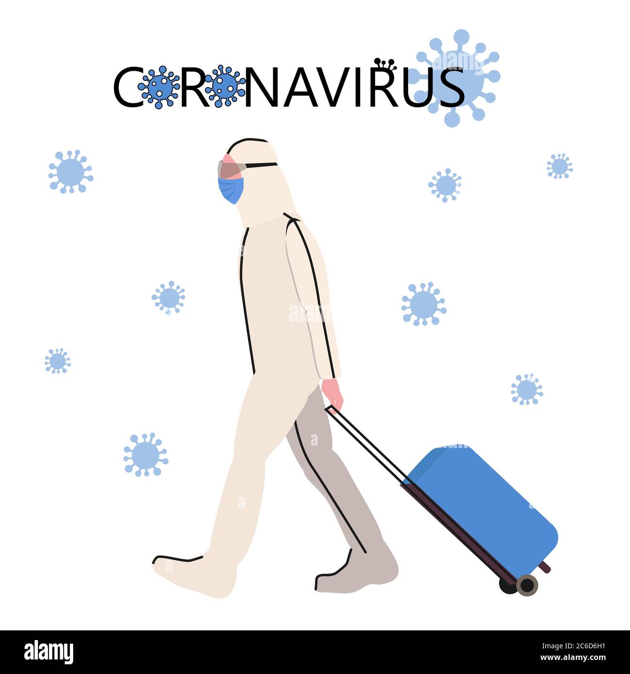 Un uomo in una tuta medica protettiva viaggia con una valise l'epidemia di coronovirus. Illustrazione piatta isolata su sfondo bianco. Protezione contro Illustrazione Vettoriale