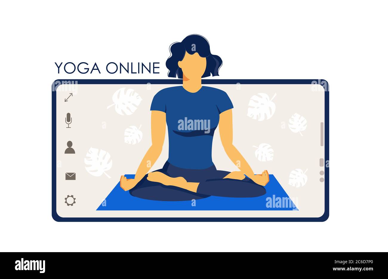 Yoga online. Una ragazza allenatore sullo schermo di uno smartphone conduce una lezione dal vivo. Concetto per corsi di yoga o sito web design. Illustrazione piatta isolata su bianco Illustrazione Vettoriale