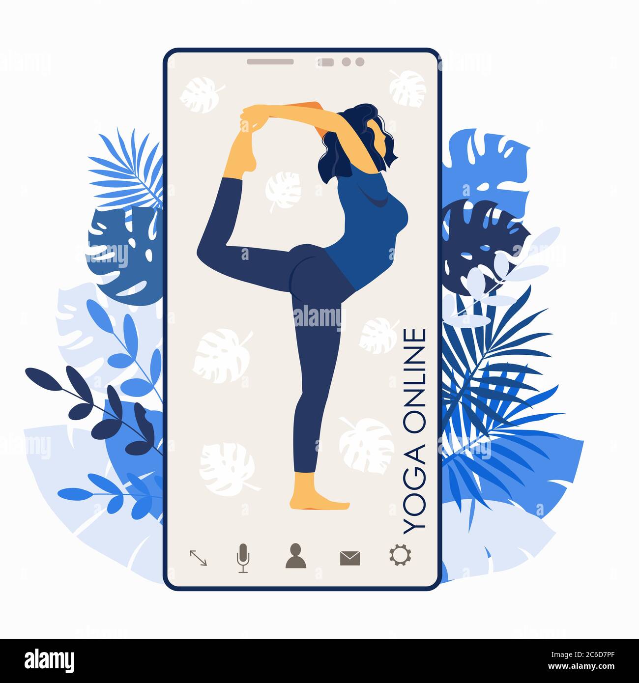 Yoga online. Ragazza allenatore su uno smartphone schermo conduce una lezione dal vivo. Il concetto per i corsi di yoga o il disegno di Web site. Illustrazione piatta isolata Illustrazione Vettoriale