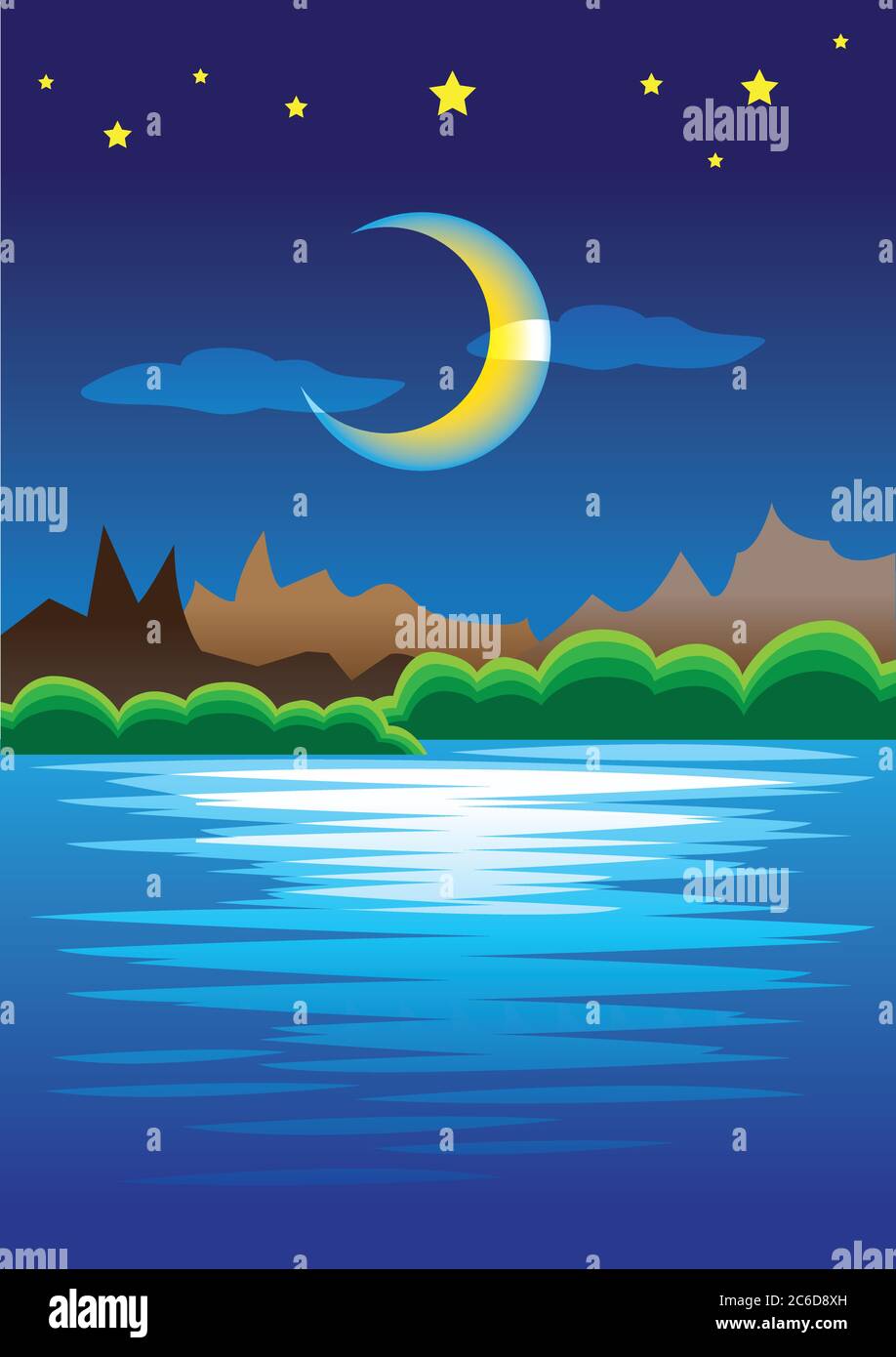 Illustrazione vettoriale della scena della natura con montagne e lago in stellata notte silenziosa con grande luna mezzaluna. Illustrazione Vettoriale