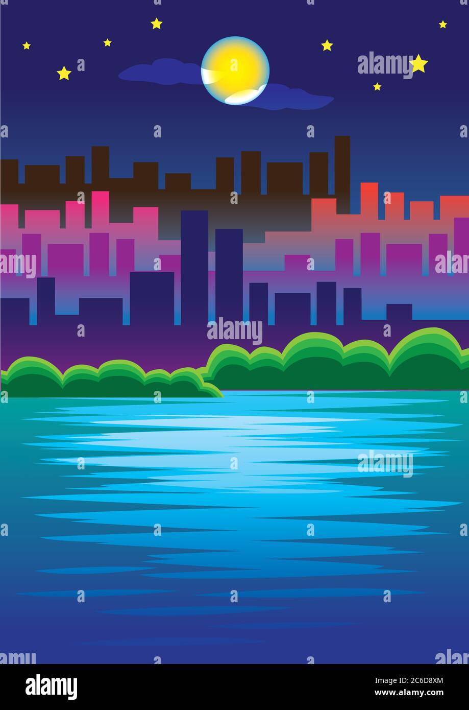 Illustrazione vettoriale dei grattacieli della città con acqua in primo piano contro la luce della luna sullo sfondo. Illustrazione Vettoriale