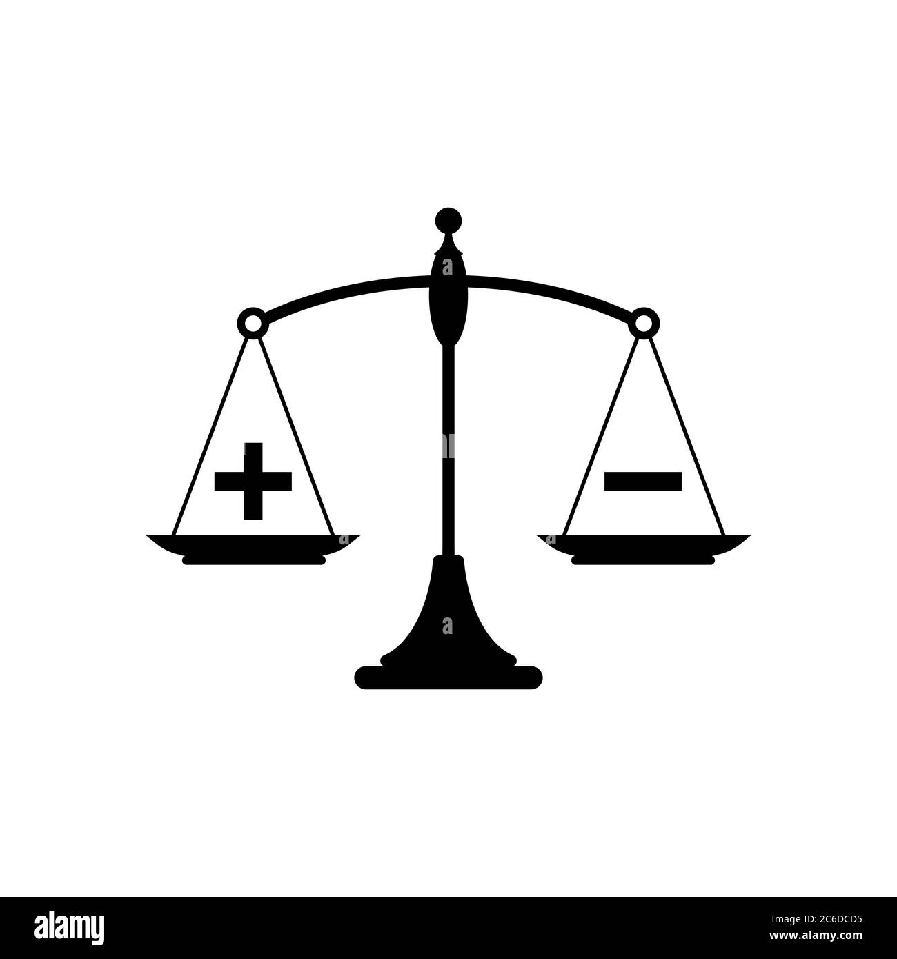 Bilance meccaniche nere con più e meno in pentole. Valore, soluzione e equilibrio razionalità. Scala pro e contro. Illustrazione vettoriale su sfondo bianco Illustrazione Vettoriale