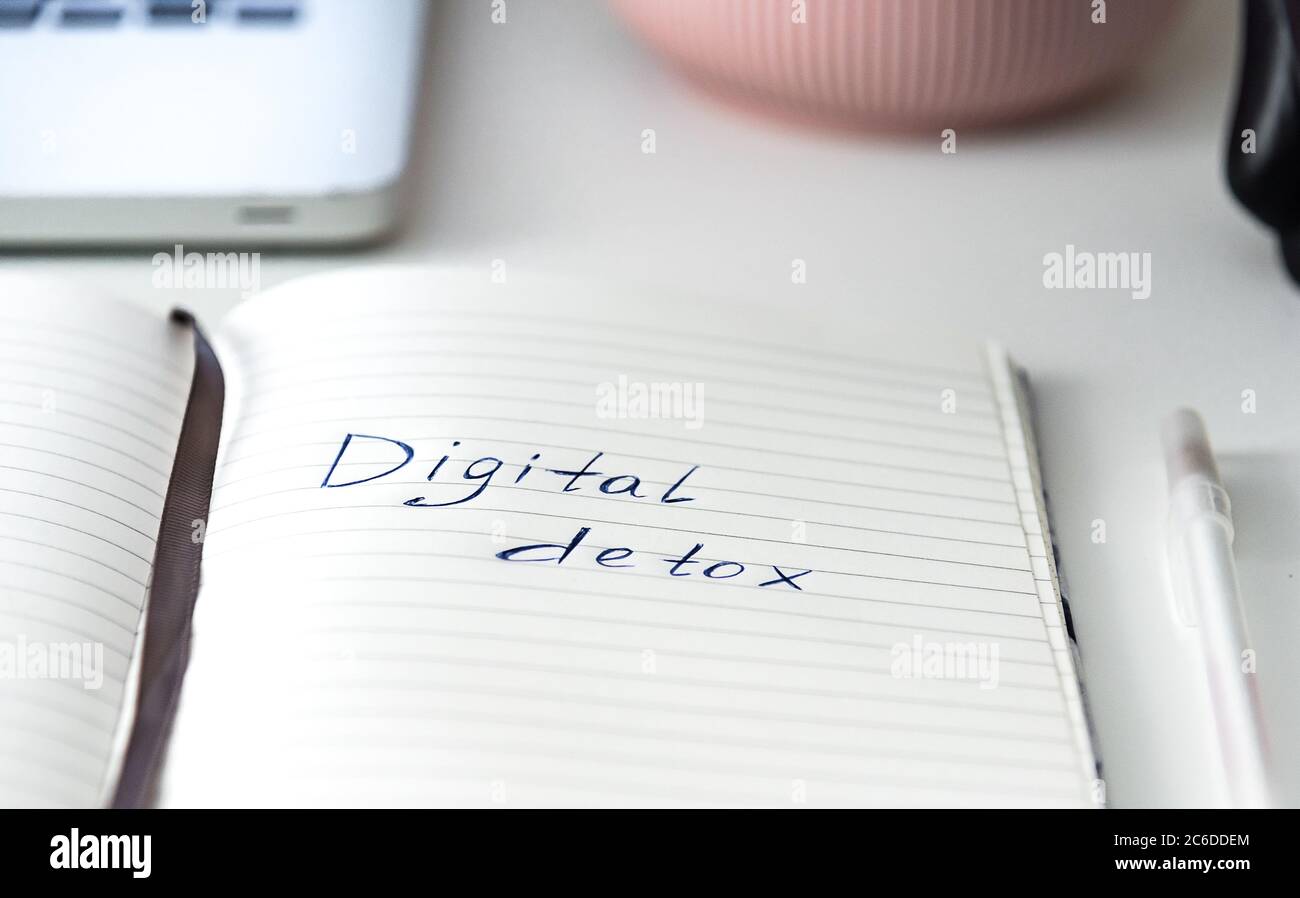 concetto di detox digitale, parole scritte su blocco note Foto Stock