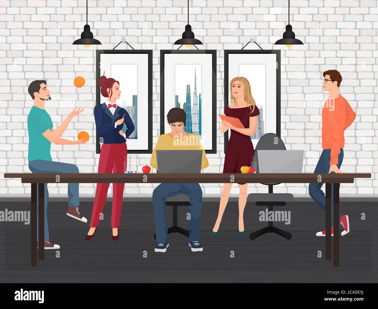 Team creativo nel centro di lavoro. Diverse persone lavorano e parlano insieme al tavolo dell'ufficio Illustrazione Vettoriale