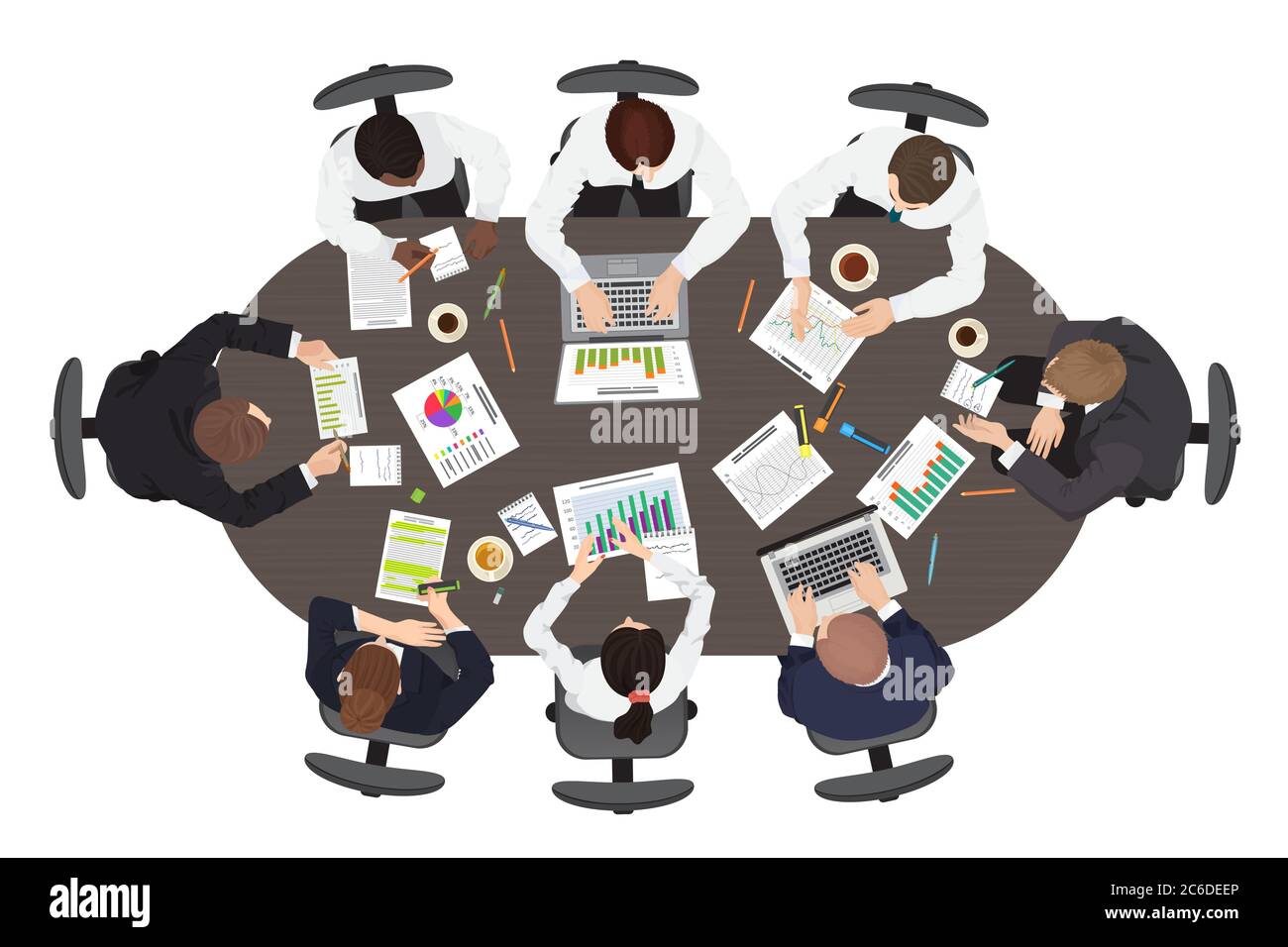 Il lavoro di squadra del management aziendale discute il concetto di riunione e brainstorming. Ampia tavola rotonda nel punto di vista superiore Illustrazione Vettoriale